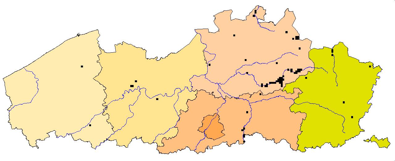 UTM-km-hokken waarin de soort is waargenomen (periode 1995 tot heden) in Vlaanderen.